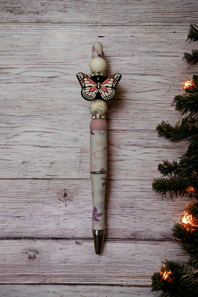White floral butterfly pen